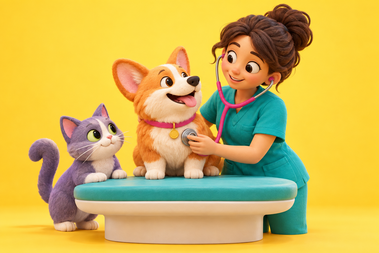 Ilustración de una veterinaria con un perro y un gato en una consulta